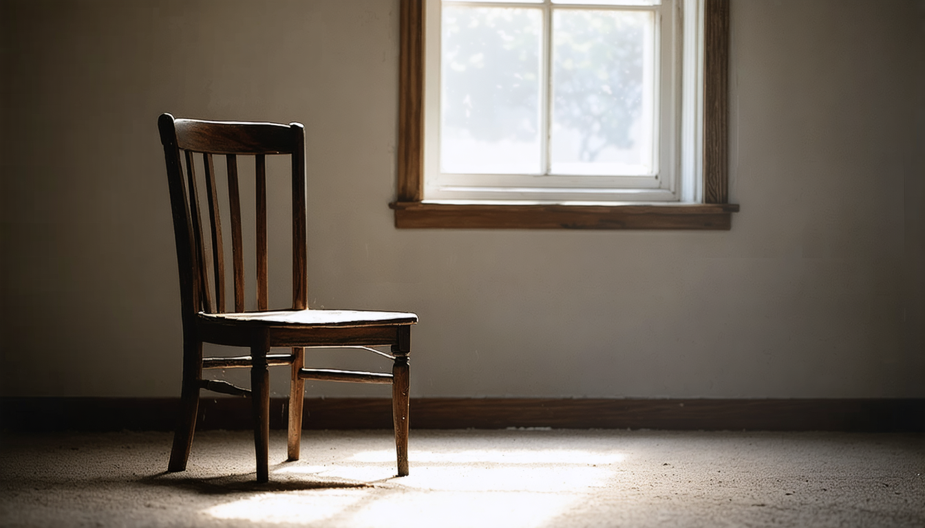 An empty wooden chair in a bare room lit by a single window, soft dust in the light.