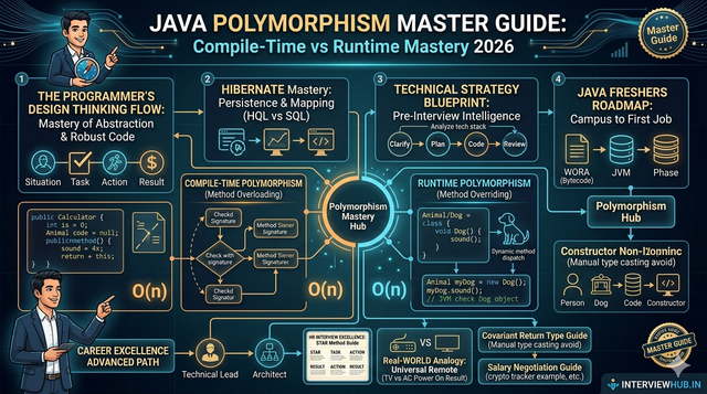 Java polymorphism guide by InterviewHub featuring runtime polymorphism, compile-time polymorphism, method overloading, method overriding, and dynamic method dispatch examples.