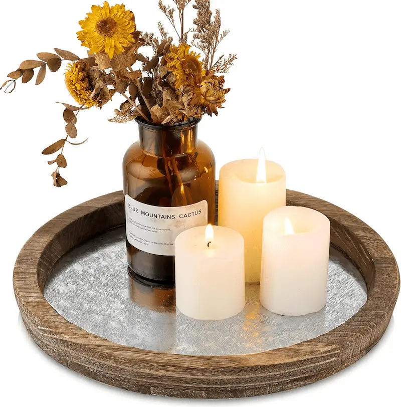 Rustic Wood Candle Plate with Distressed Mirror – Farmhouse Coffee Table Decor Tray