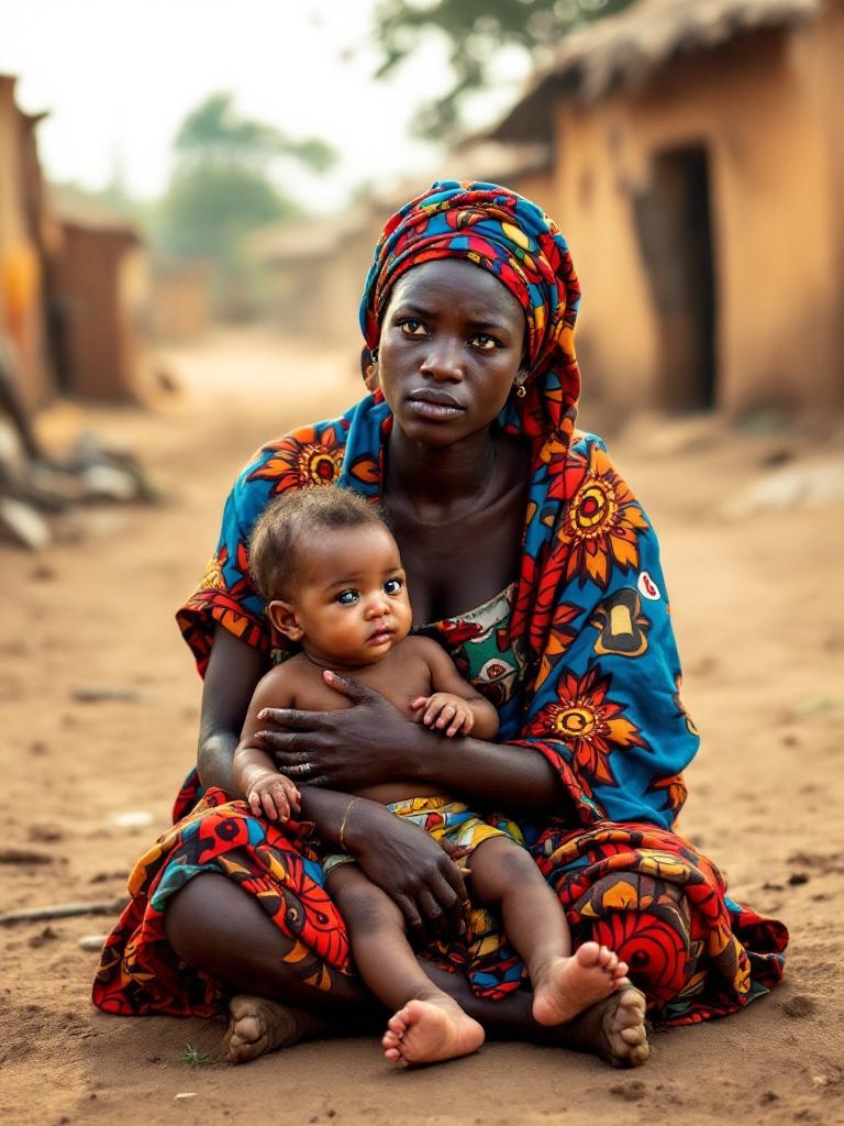 Mère malienne avec son enfant malade dans un village