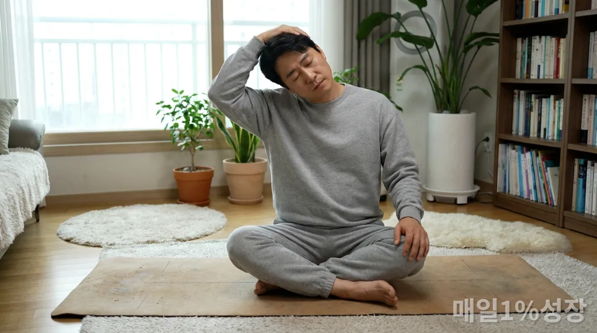 40대 한국인 남성이 바닥에 앉아 목 스트레칭을 하는 모습, 요가 매트 위 편안한 실내 배경