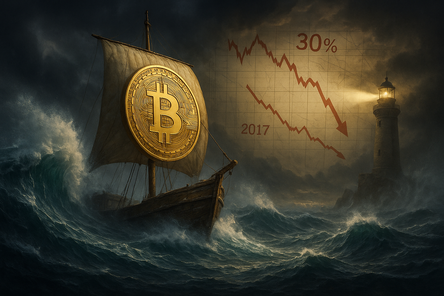 Bitcoin price chart showing decline from record high, with historical context