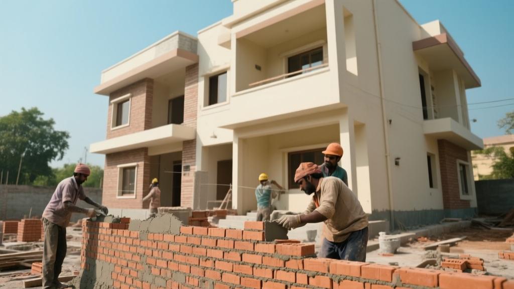 Construction labor workers doing masonry and plastering work on residential building site in India