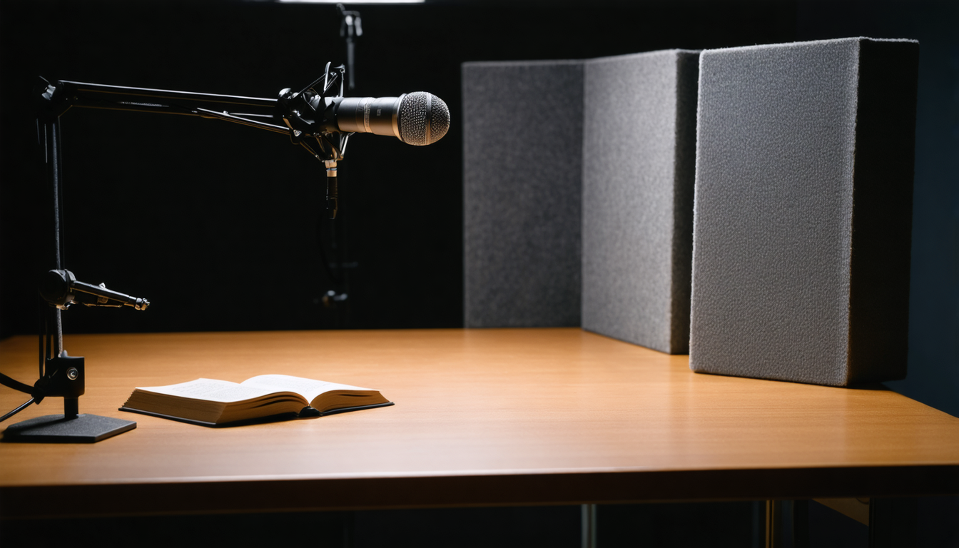 A studio microphone hangs over an empty desk beside a face-down hardcover, lit by a single warm pool of light in the dark.