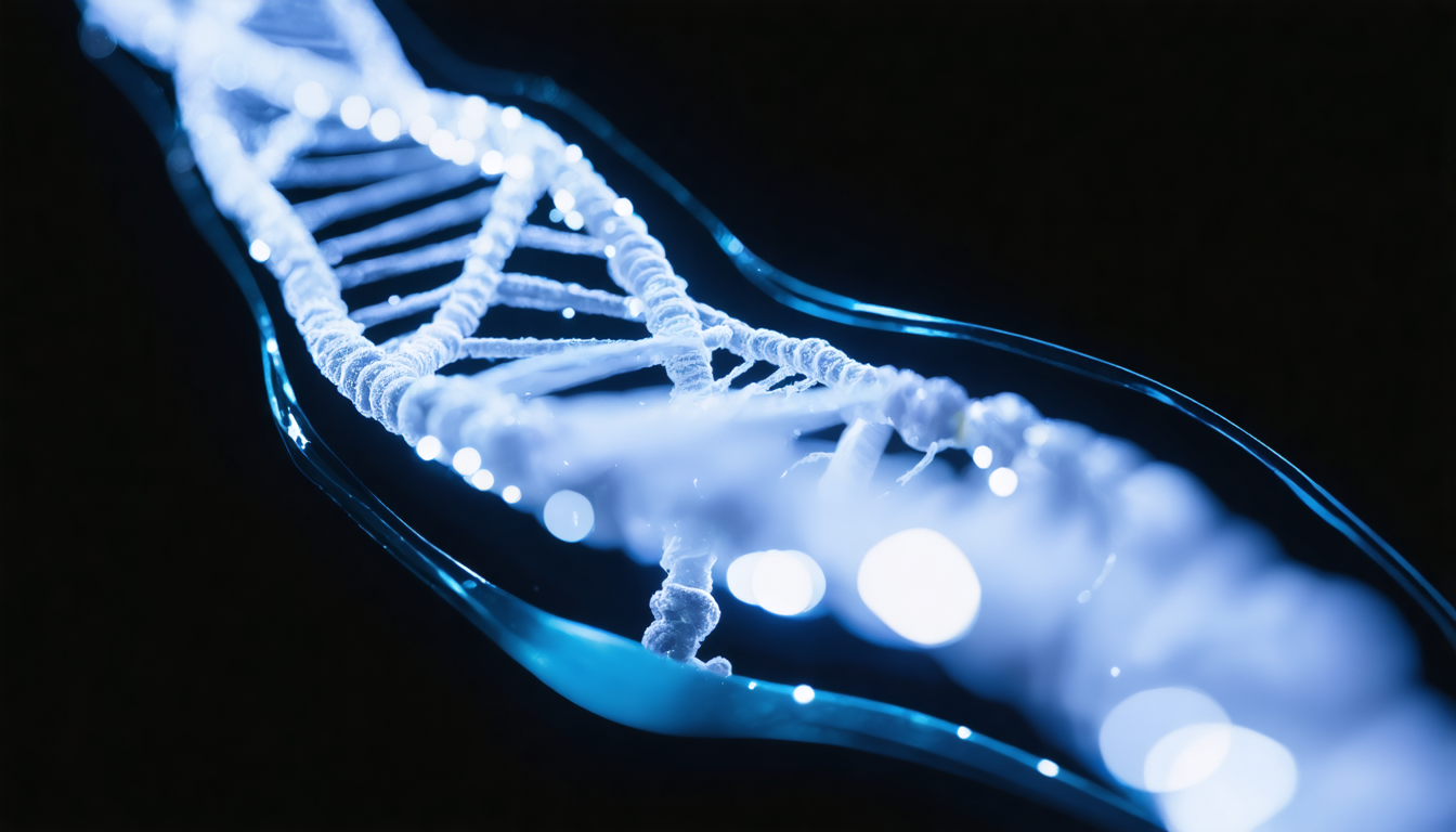 A pale glowing strand of genetic material floating in dark fluid, interrupted at one point by a small precise break.