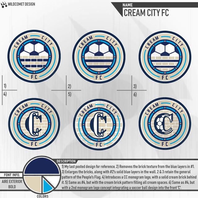 Six options for a primary logo design for Cream City FC utilizing different elements and concepts.