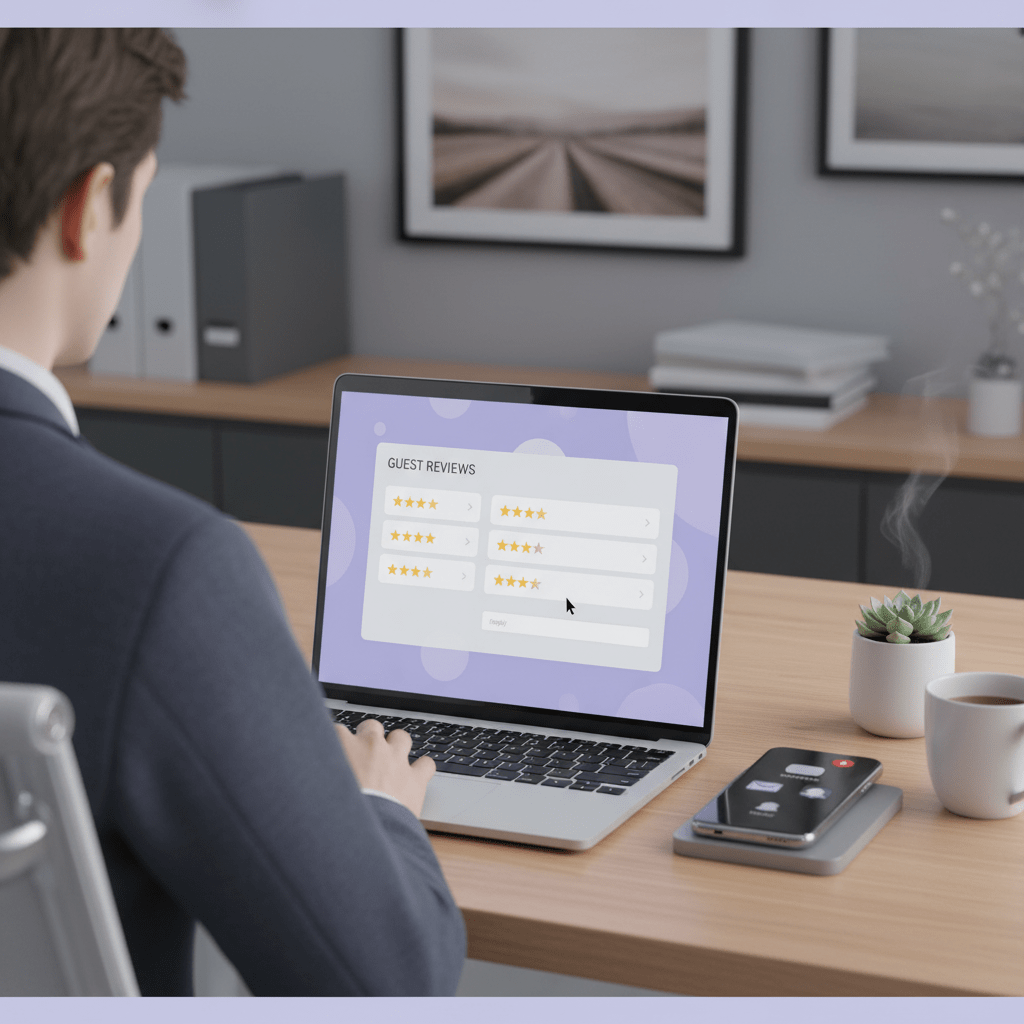 Host replying to guest reviews on a laptop in a calm workspace