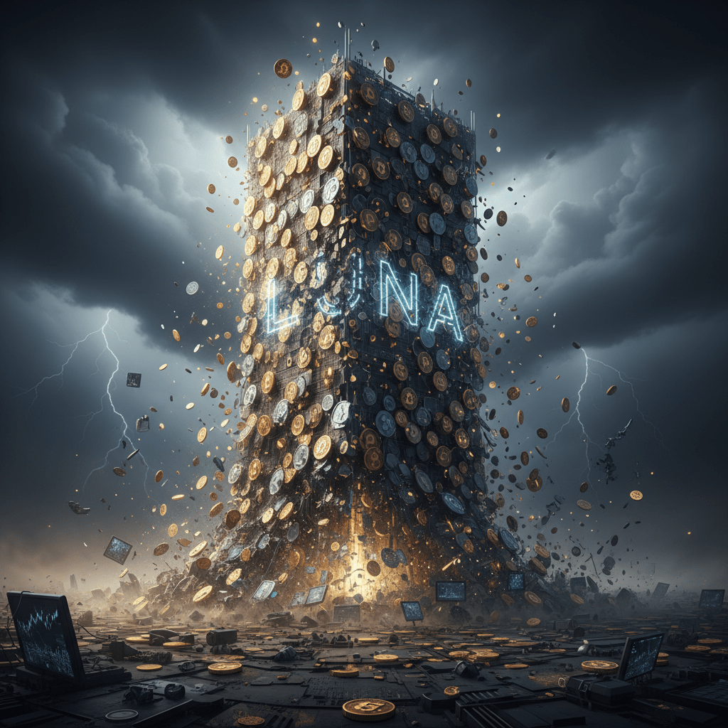 A crumbling tower of digital coins symbolizing the Terra/LUNA collapse.