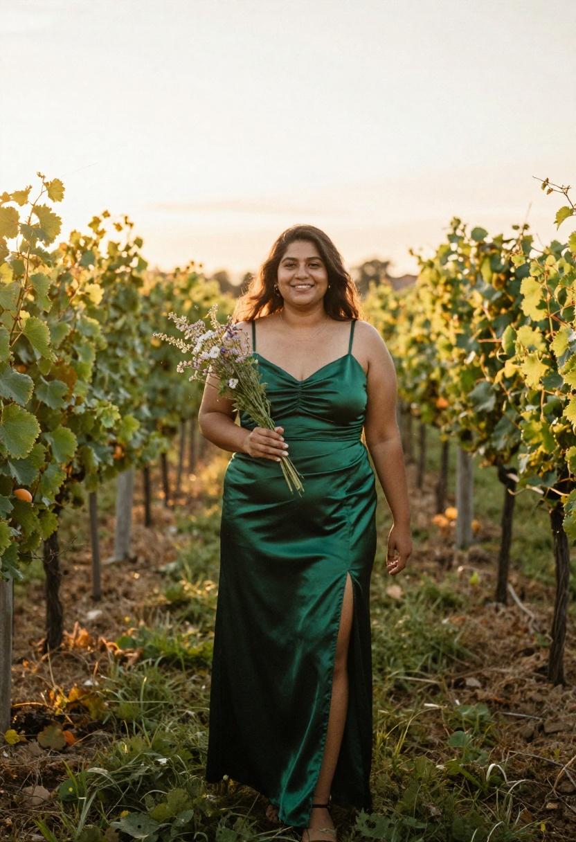 Emerald green satin maxi dress glowing at golden hour among vineyard rows for a romantic fall look