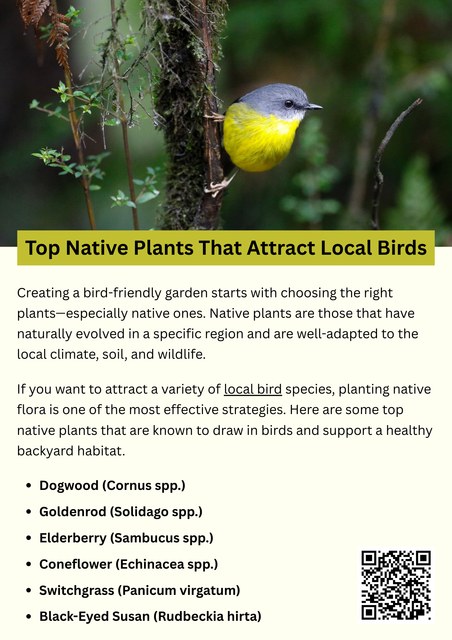 Native plants attract local birds by offering natural food sources like berries, seeds, and insects, along with essential shelter and nesting spots. Species such as coneflowers, serviceberries, and dogwoods support a variety of bird needs year-round. Including native plants in your garden creates a healthy, balanced habitat that helps sustain local bird populations through every season. To know more visit here https://wildbirdguide.com/category/local-birds/