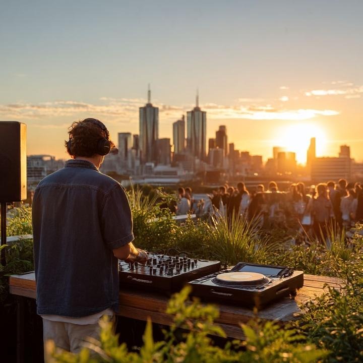DJ em rooftop ao pôr do sol