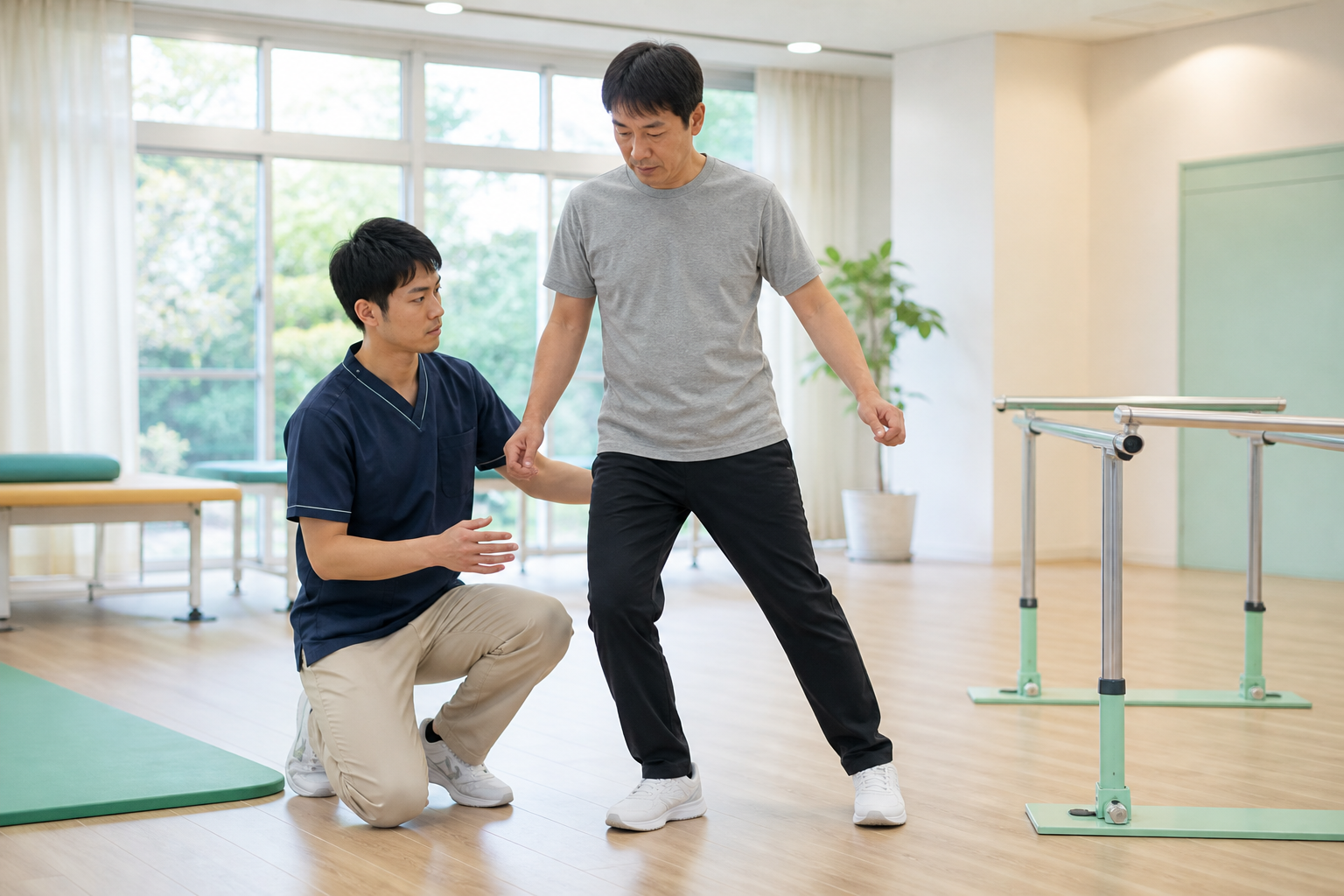 脳卒中後に専門職の見守りで麻痺側への荷重練習を行う様子