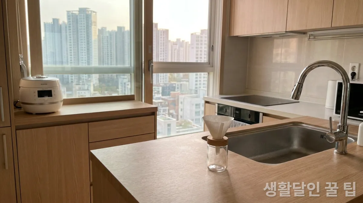 초파리 트랩이 놓인 주방 싱크대 주변을 넓게 보여주는 모습, 현대적인 한국 아파트 배경
