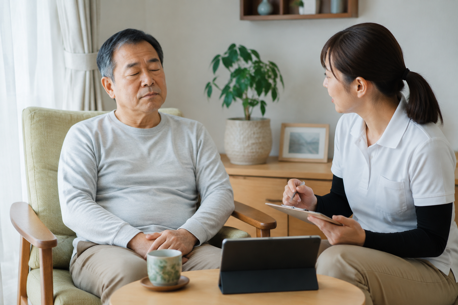 認知トレーニング中の疲労と休憩を確認する場面