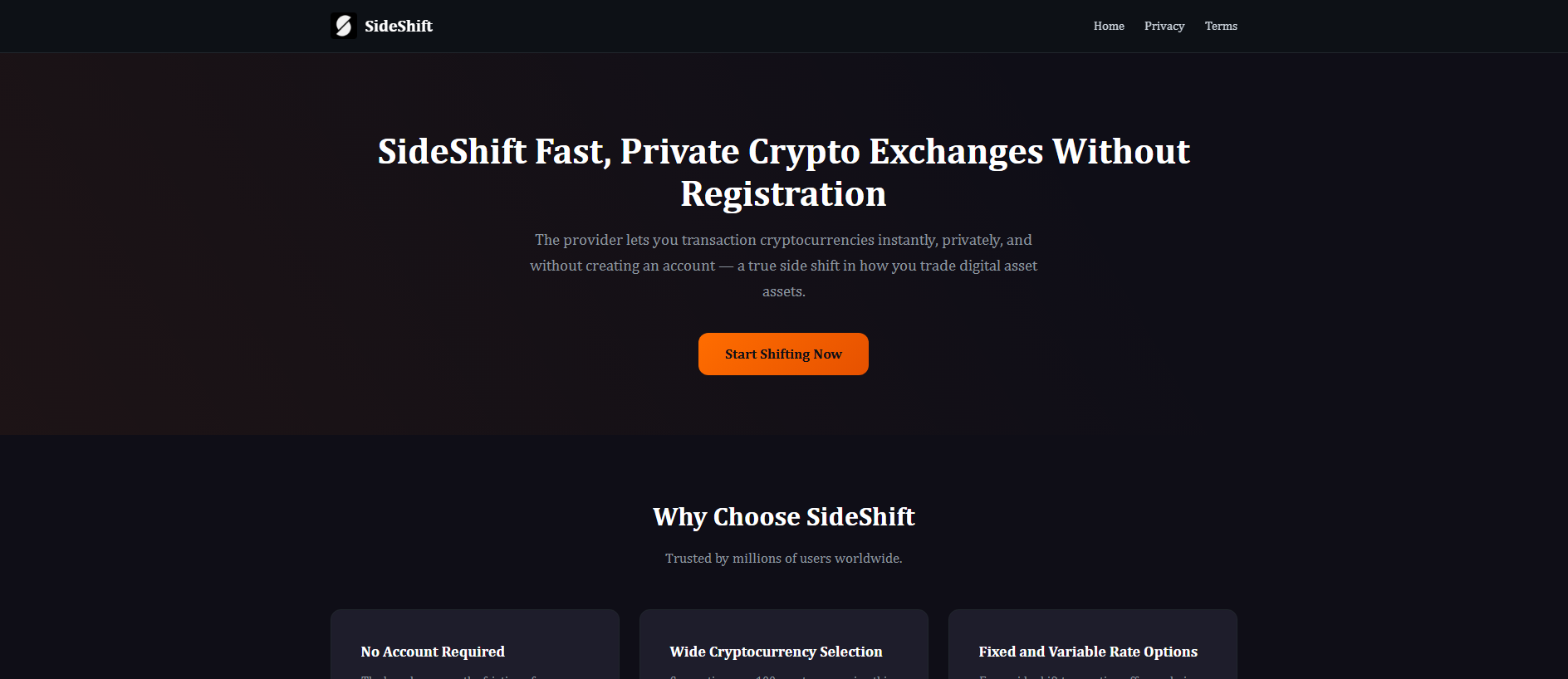 Forensic screenshot of side-shift.to showing the phishing page layout
