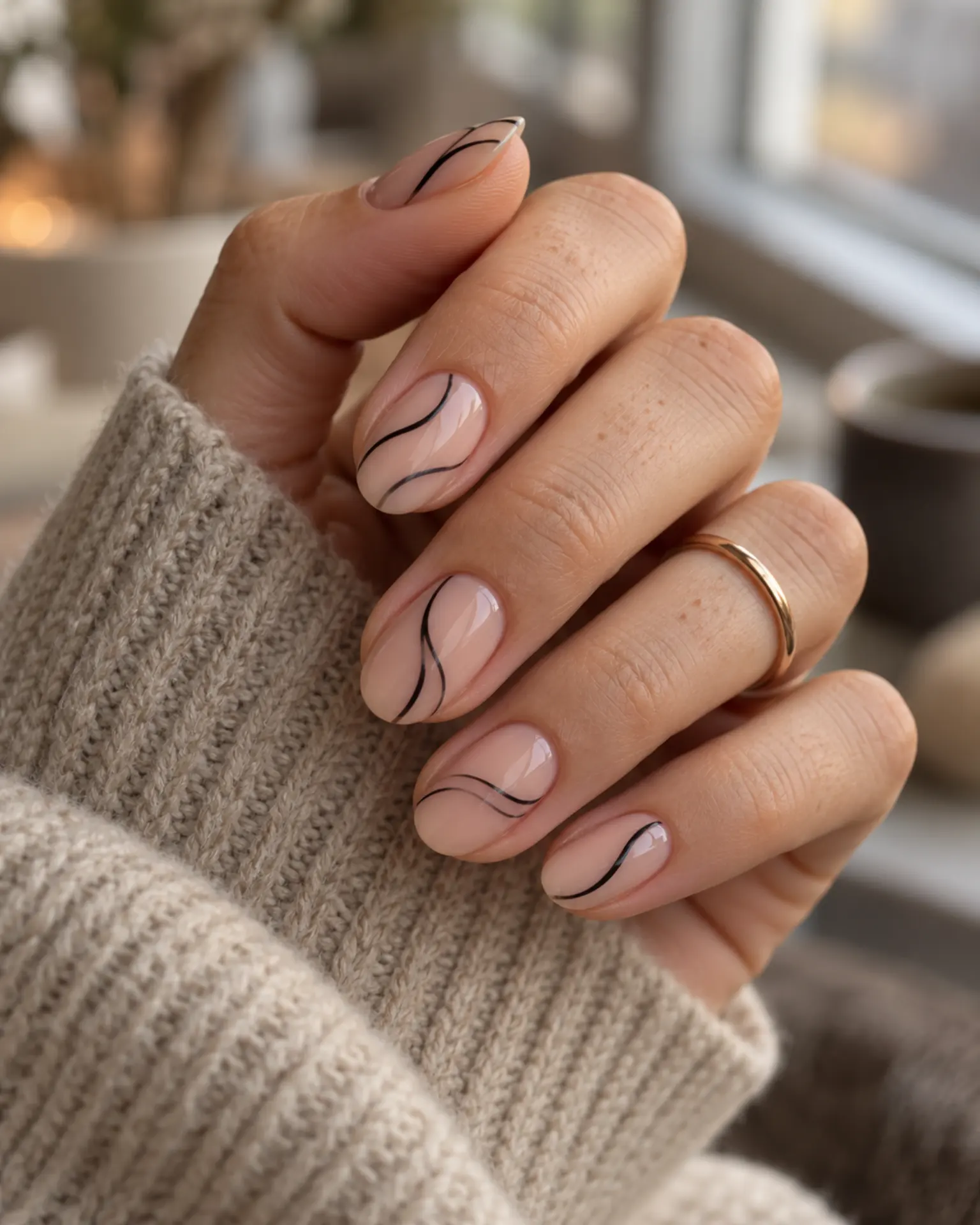 Black Fine-Line Swirl manicure inspiration for black nail ideas
