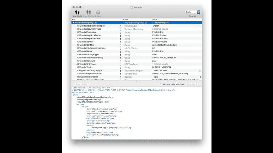 PlistEdit Pro Mac — property list editor showing outline structure view of a .plist file
