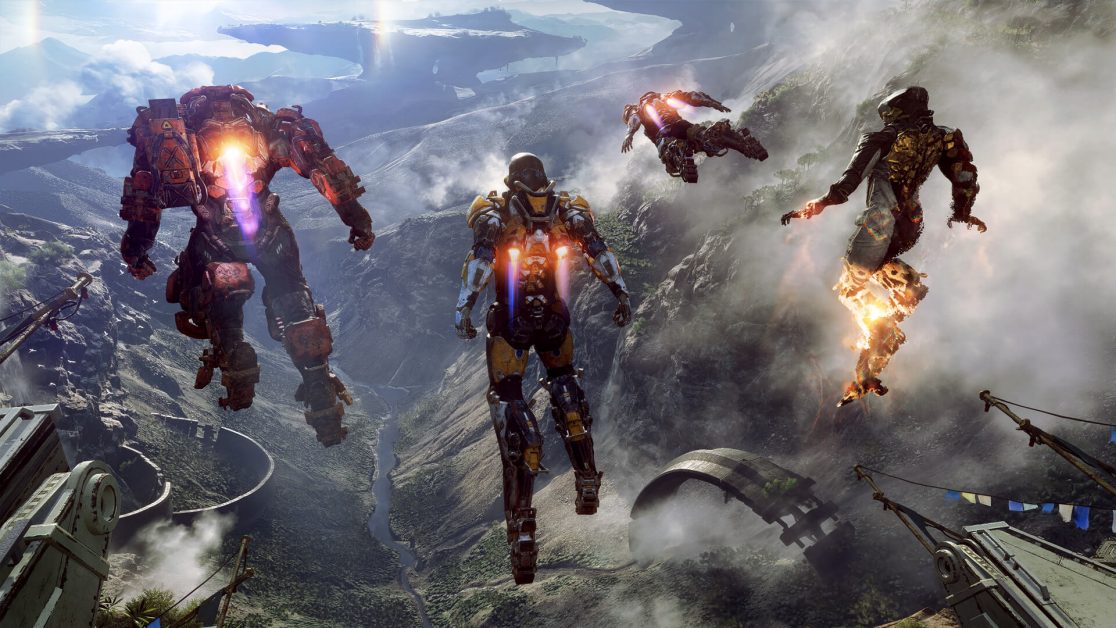 Four Javelin suits flying over a canyon in official Anthem promotional artwork