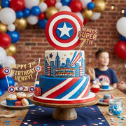 Captain America birthday cake with shield design in red white and blue