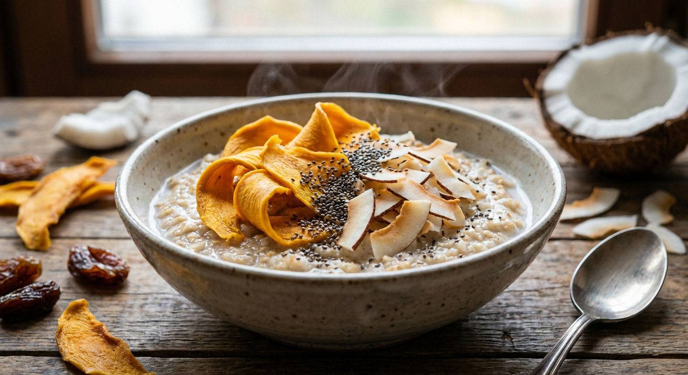 Tropikalna owsianka z mango i kokosem.
