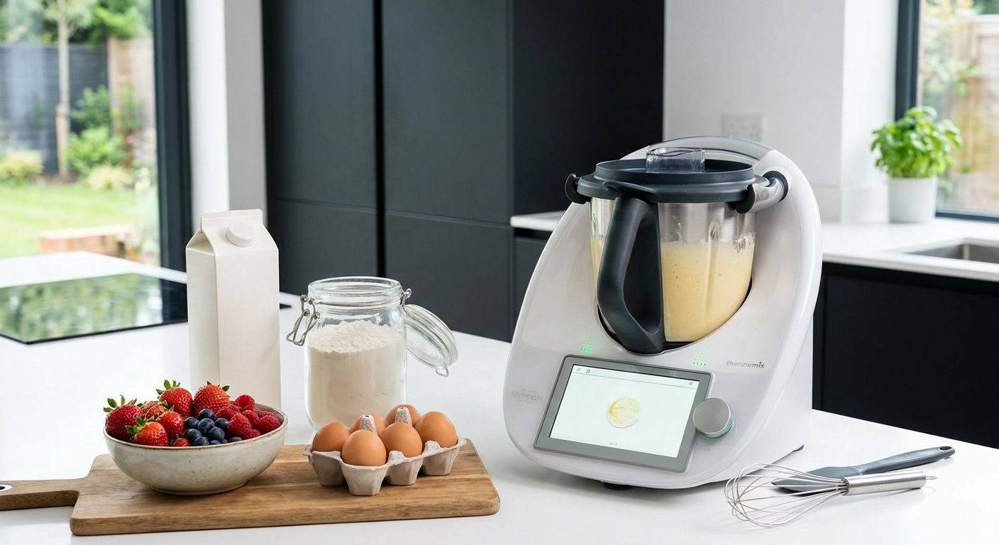 Thermomix przygotowujacy ciasto na nalesniki w kuchni.