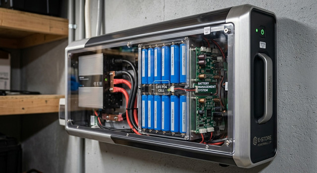 Dettaglio di una batteria di accumulo per fotovoltaico di tecnologia LFP o NMC