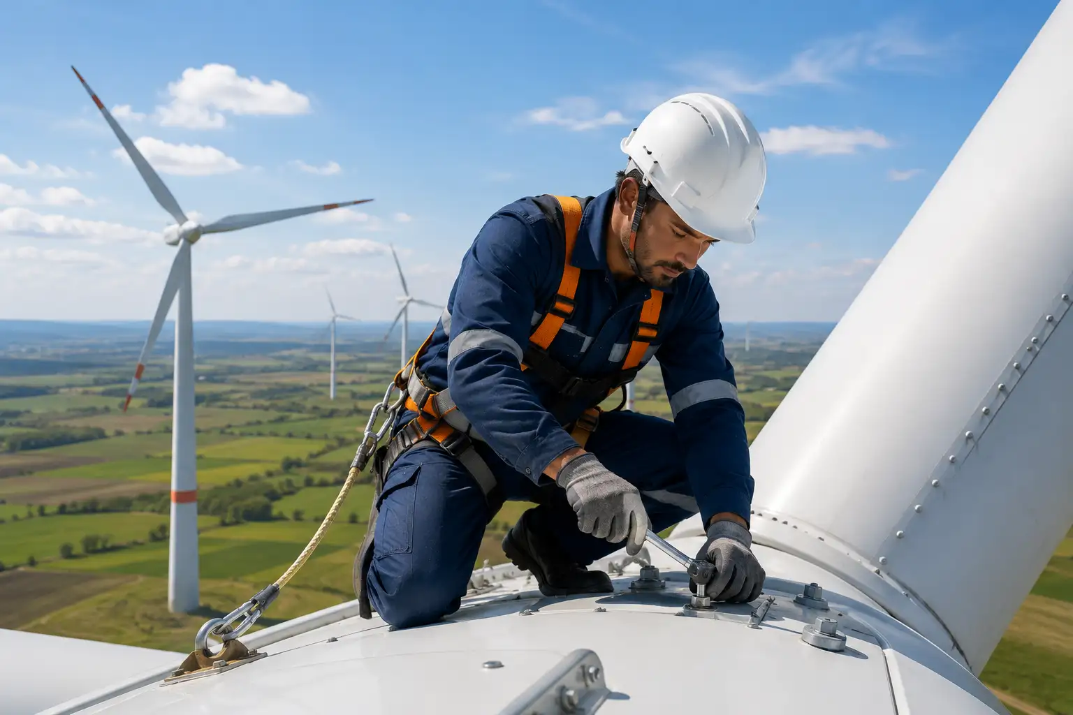 Wind technician installing a rooftop turbine