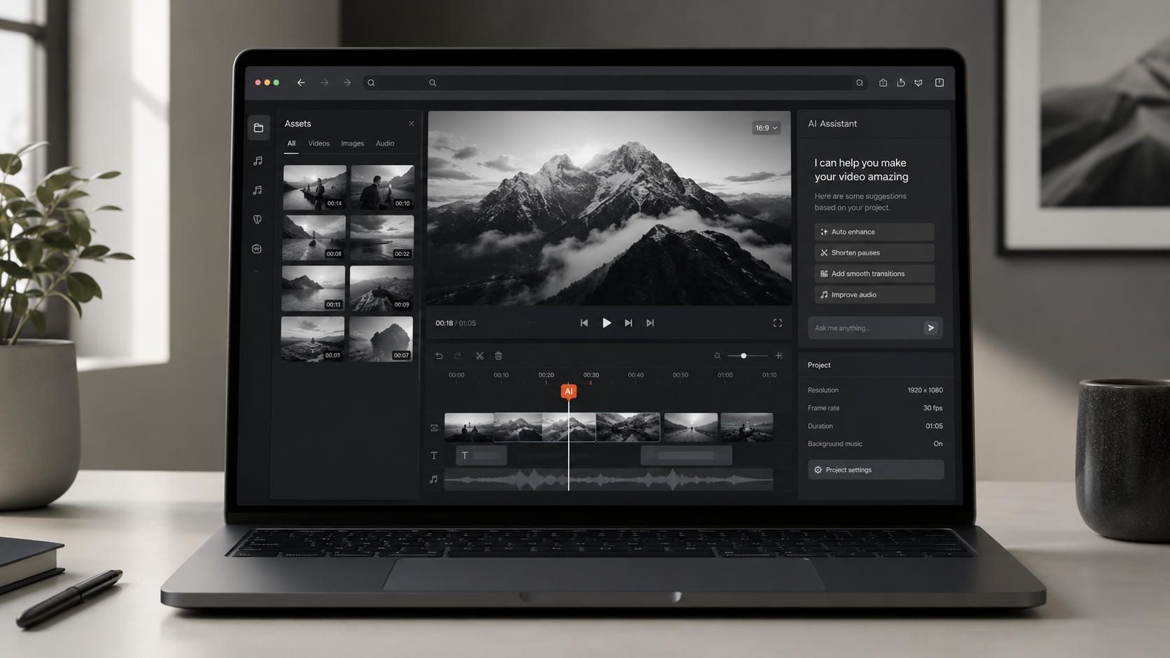 Modern laptop showing clean in-browser AI video editor interface with timeline, asset library, and AI assistant panel