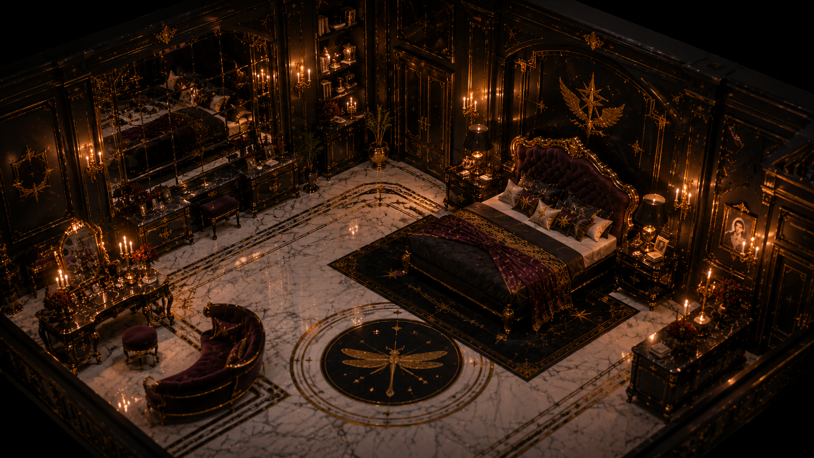 Private Sleeping Quarters on floor two of Apollo's Skyward Residence, with black and gold bed, vanity, warm lighting, dark walls, and luxury decor