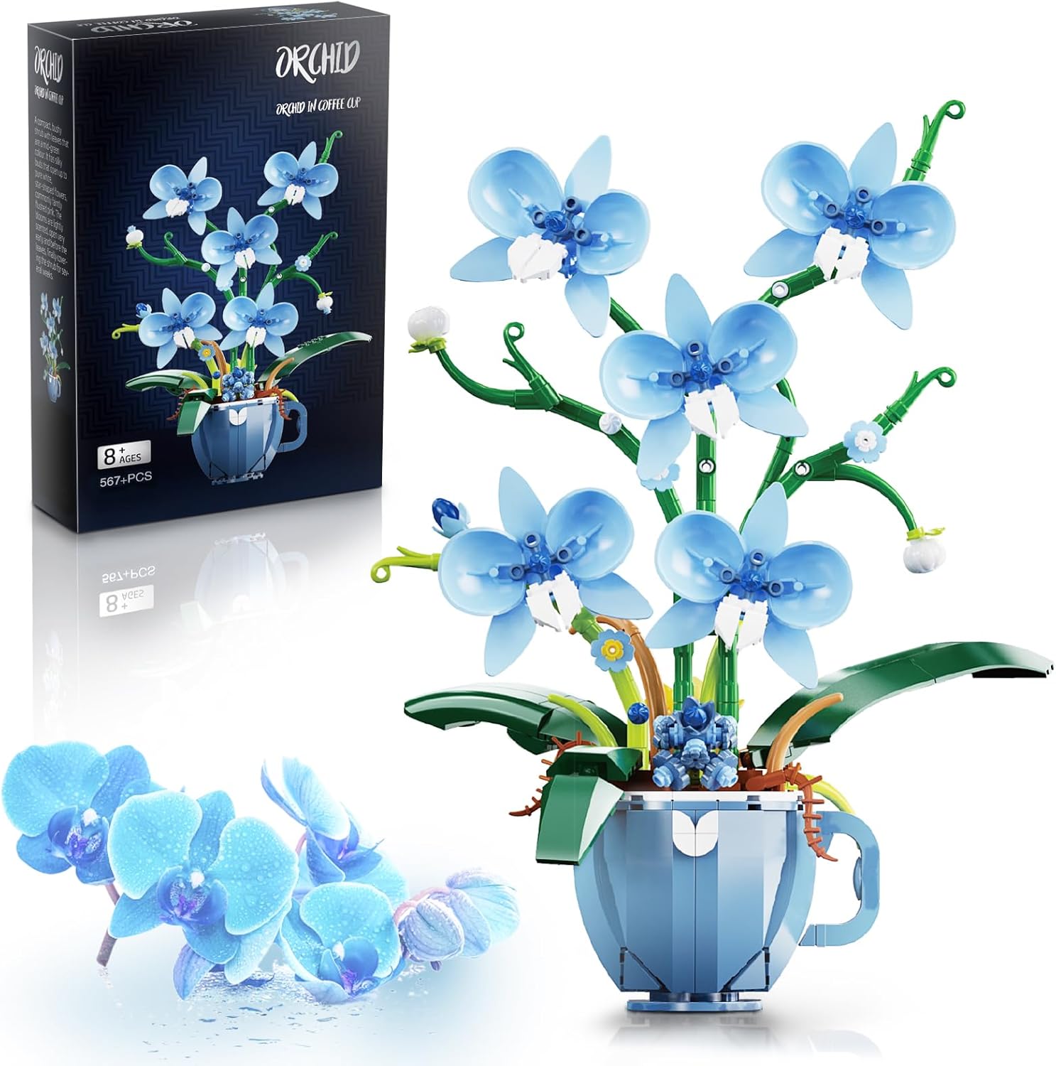 Blue Orchid Flower Building Set with Vase for Adults, Compatible