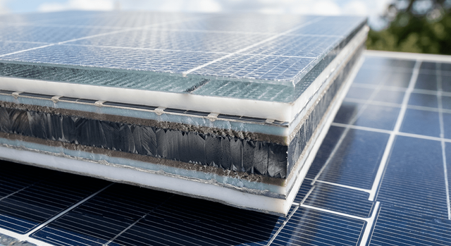 Close-up of a high-efficiency HJT solar panel