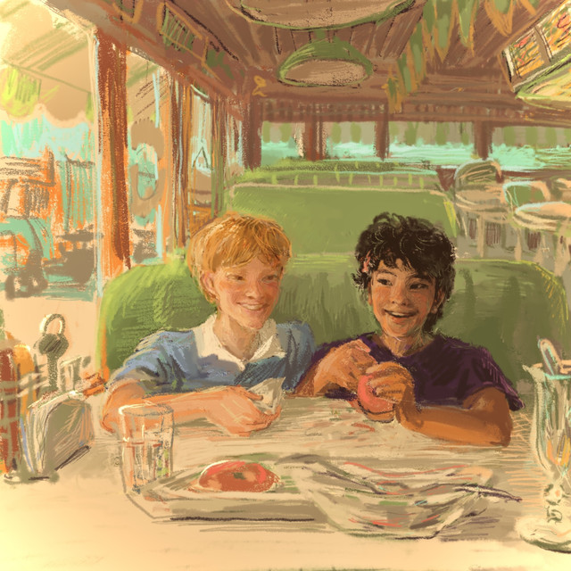 Art of Stede and Ed sharing doughnuts in a diner booth; sunshine outside the windows, light green seats in the diner; Stede's wearing a blue shirt with a white collar; Ed's wearing a plum-coloured shirt; they're both smiling and having fun together