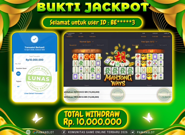 Selamat kepada Member PAMANSLOT PG - Mahjong Ways : BE*****3