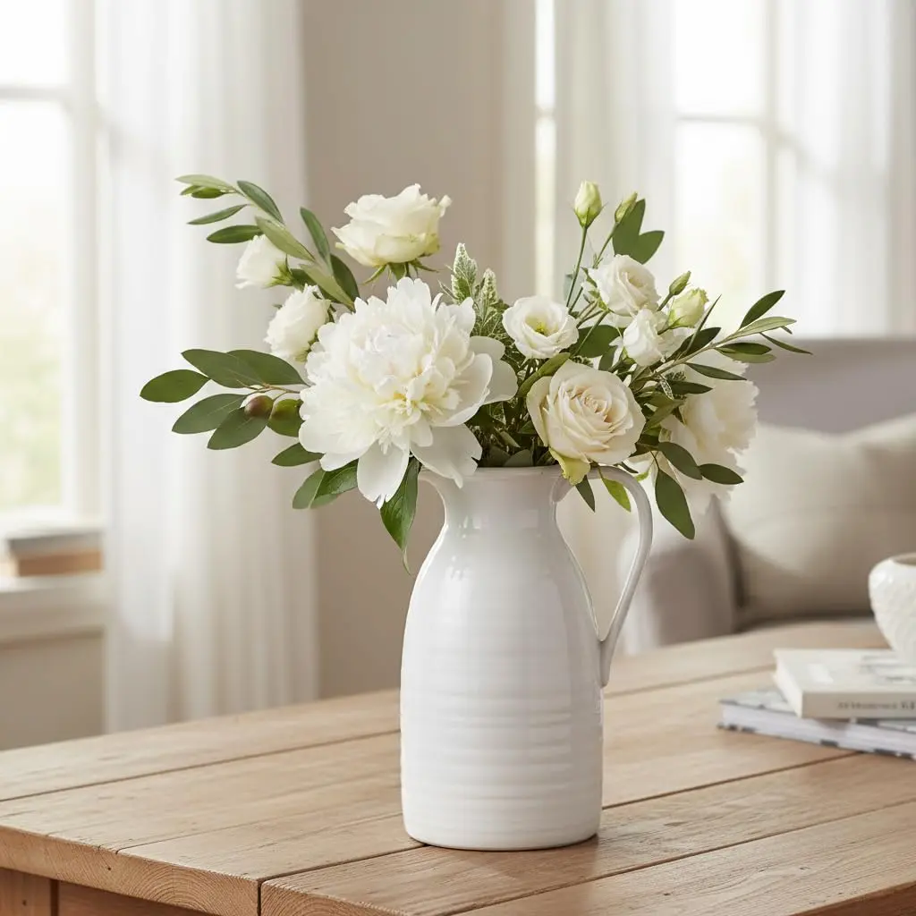 Elegant White Farmhouse Ceramic Pitcher Vase for Timeless Home Decor