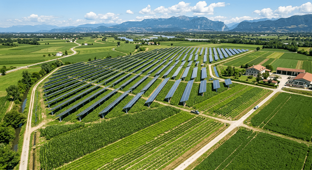 Impianto agrivoltaico in Veneto con pannelli solari sopra i campi coltivati.