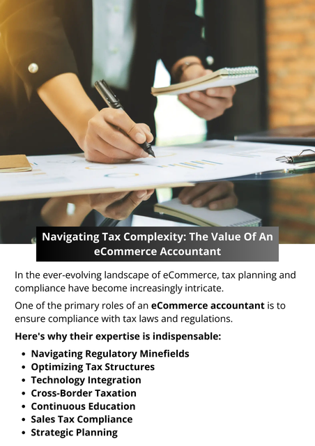 The value of an eCommerce accountant extends far beyond number crunching. These professionals serve as trusted advisors, guiding businesses through the intricacies of tax compliance, optimization, and strategic planning. By leveraging their expertise, eCommerce ventures can navigate the complexities of the tax landscape with confidence, enabling sustainable growth and success in the digital marketplace. To know more visit here https://www.esenshi.com/