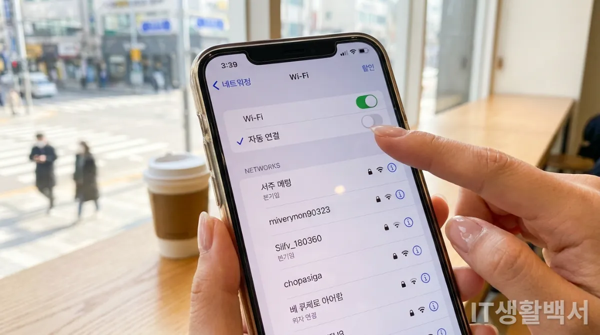 스마트폰 화면에 와이파이 자동 접속 기능이 꺼져 있는 모습 클로즈업, 30대 한국인의 손가락이 화면 위에서 맴도는 모습, 밝고 깨끗한 배경