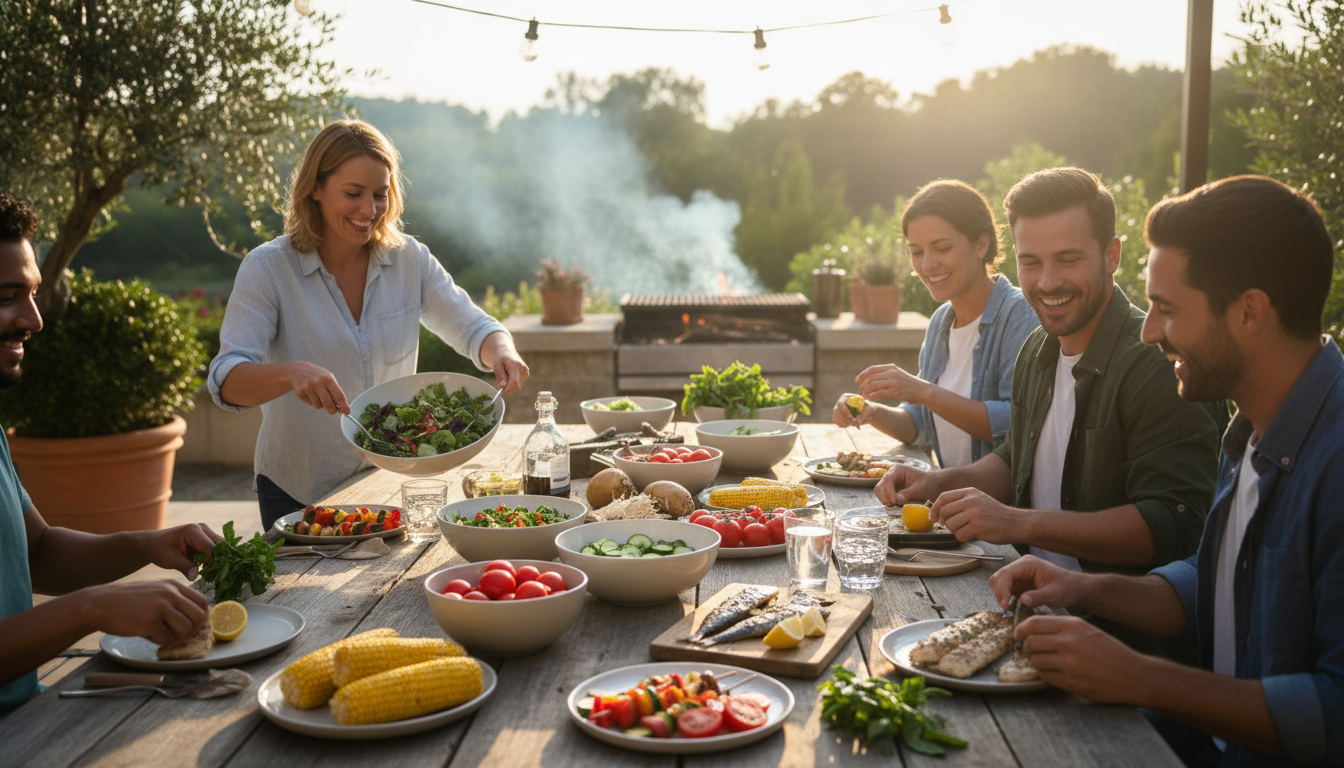 Easy summer dinner ideas with grilled chicken, pasta salad, fresh vegetables, watermelon, rice bowls and colorful summer dishes