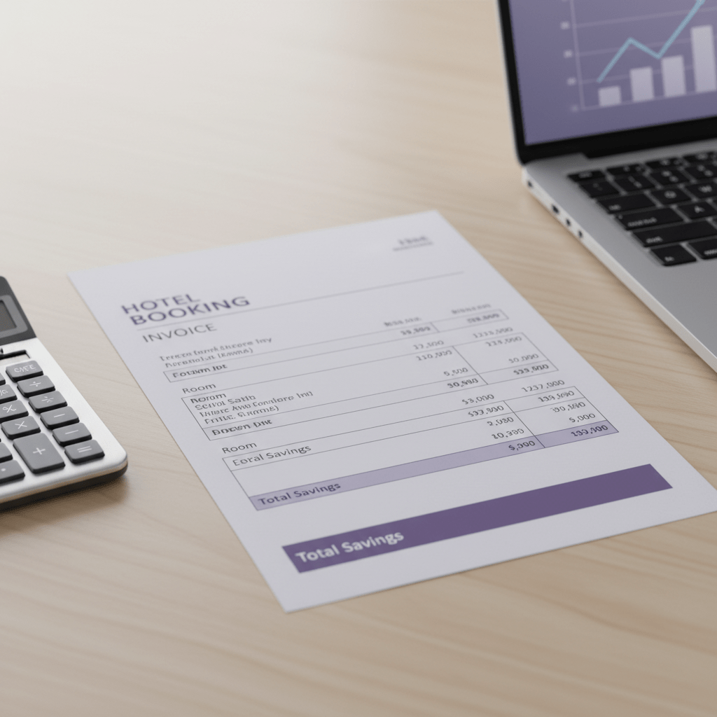 Close-up of hotel booking invoice with calculator and laptop in a clean, professional workspace