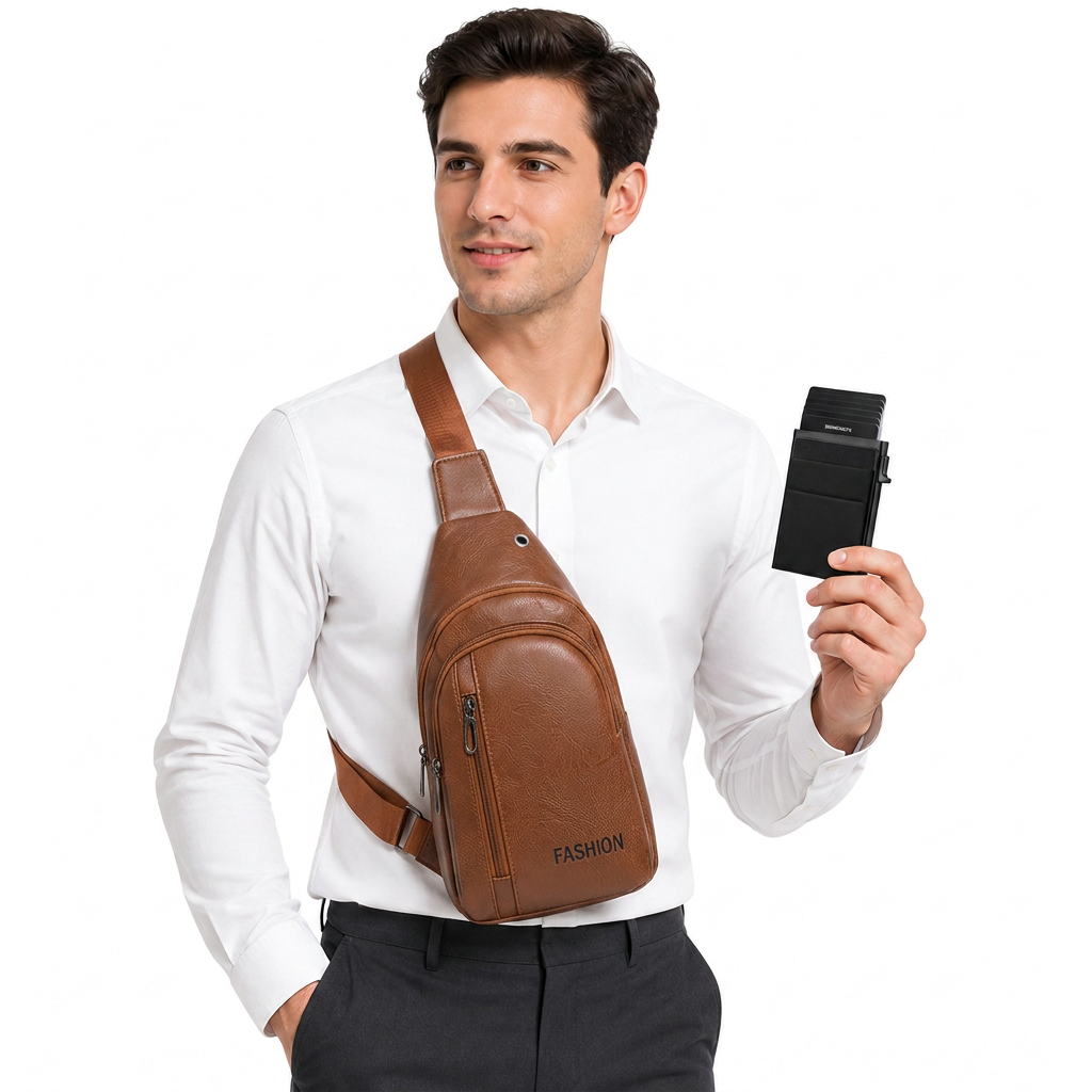 Office Commuter Business Set-Light brown Men's PU Leather Chest Bag and Black RFID Blocking Aluminum Wallet - Waterproof Crossbody Sling Bag with Multi Pocket Storage, Slim Pop Up Card Holder, Lightweight Travel & Daily Commute Essentials