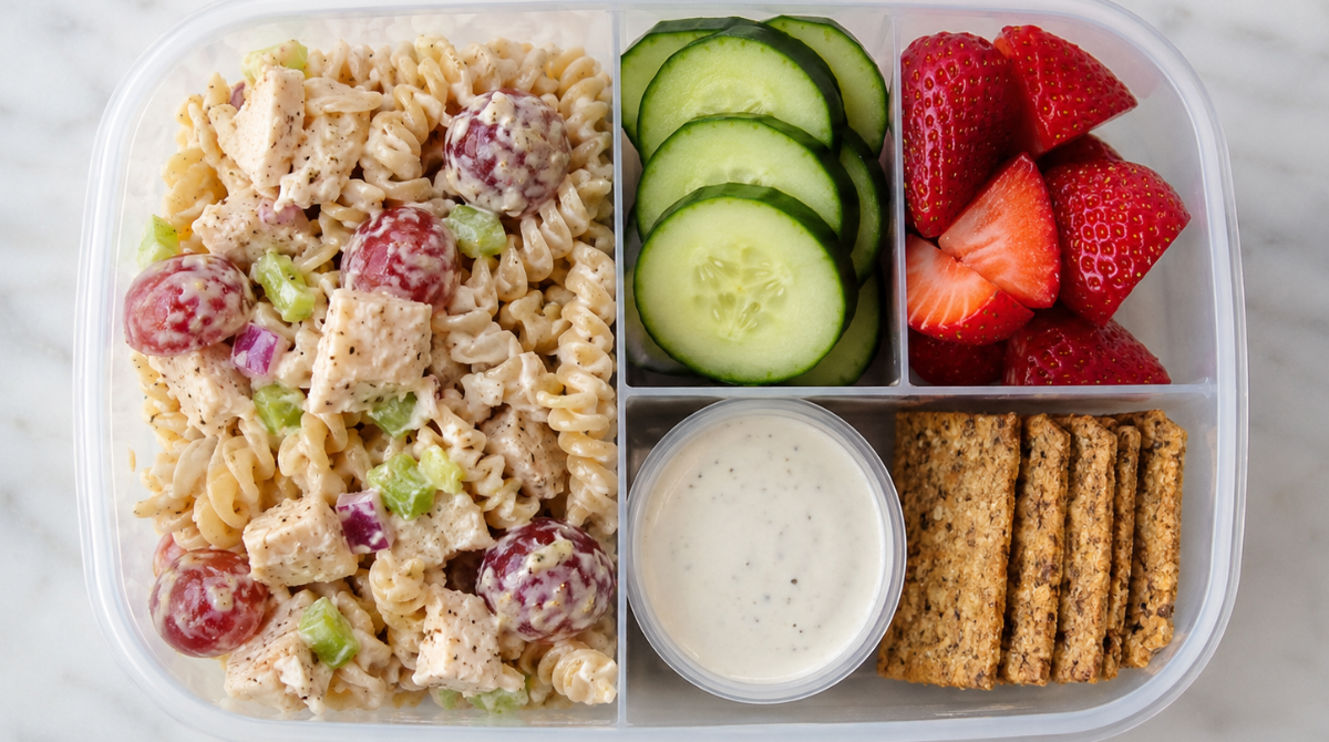 Cold school lunch with chicken pasta salad, cucumber slices, strawberries, dressing, and crackers
