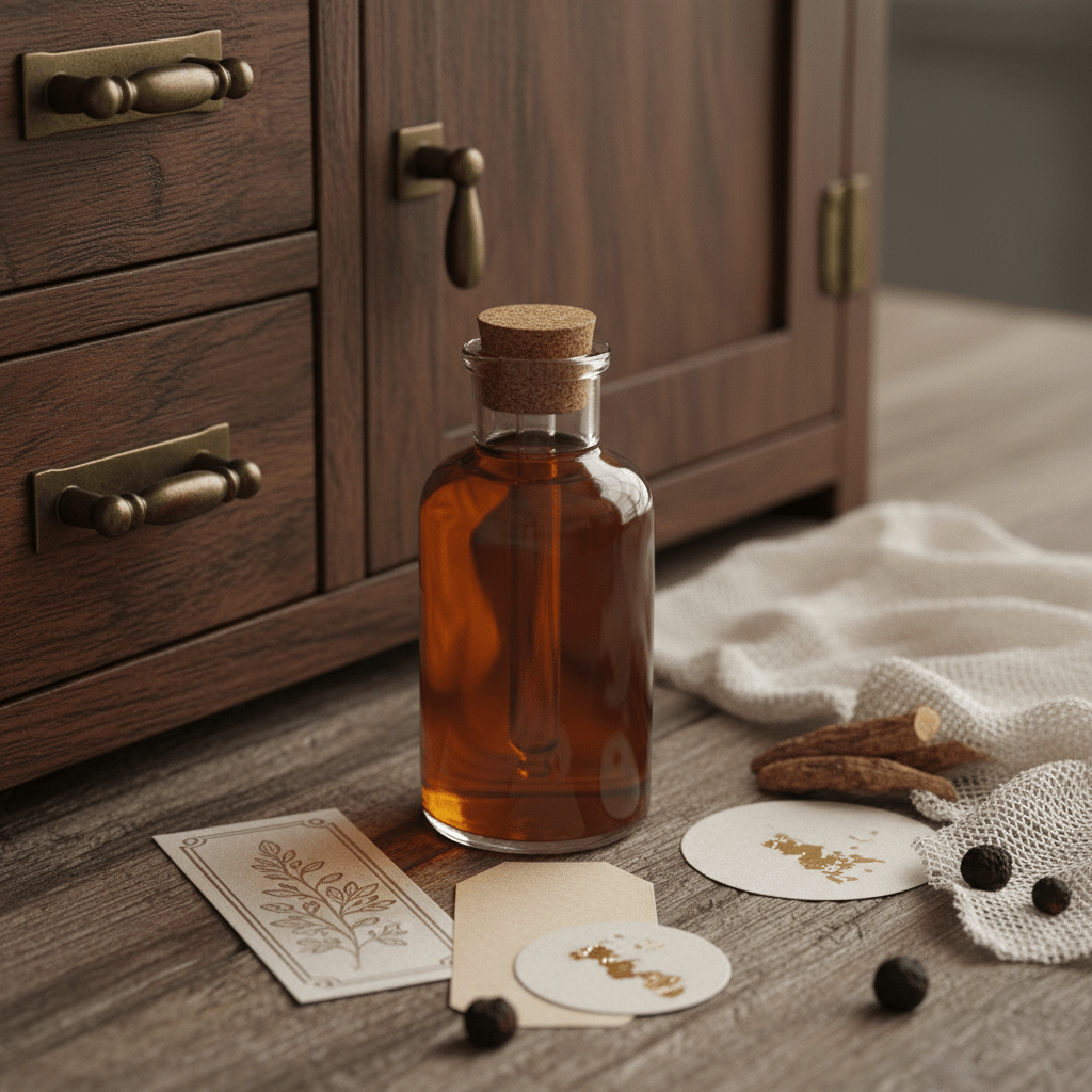 A finished amber glass bottle of ashwagandha oil with cheesecloth and labels on a dark cabinet