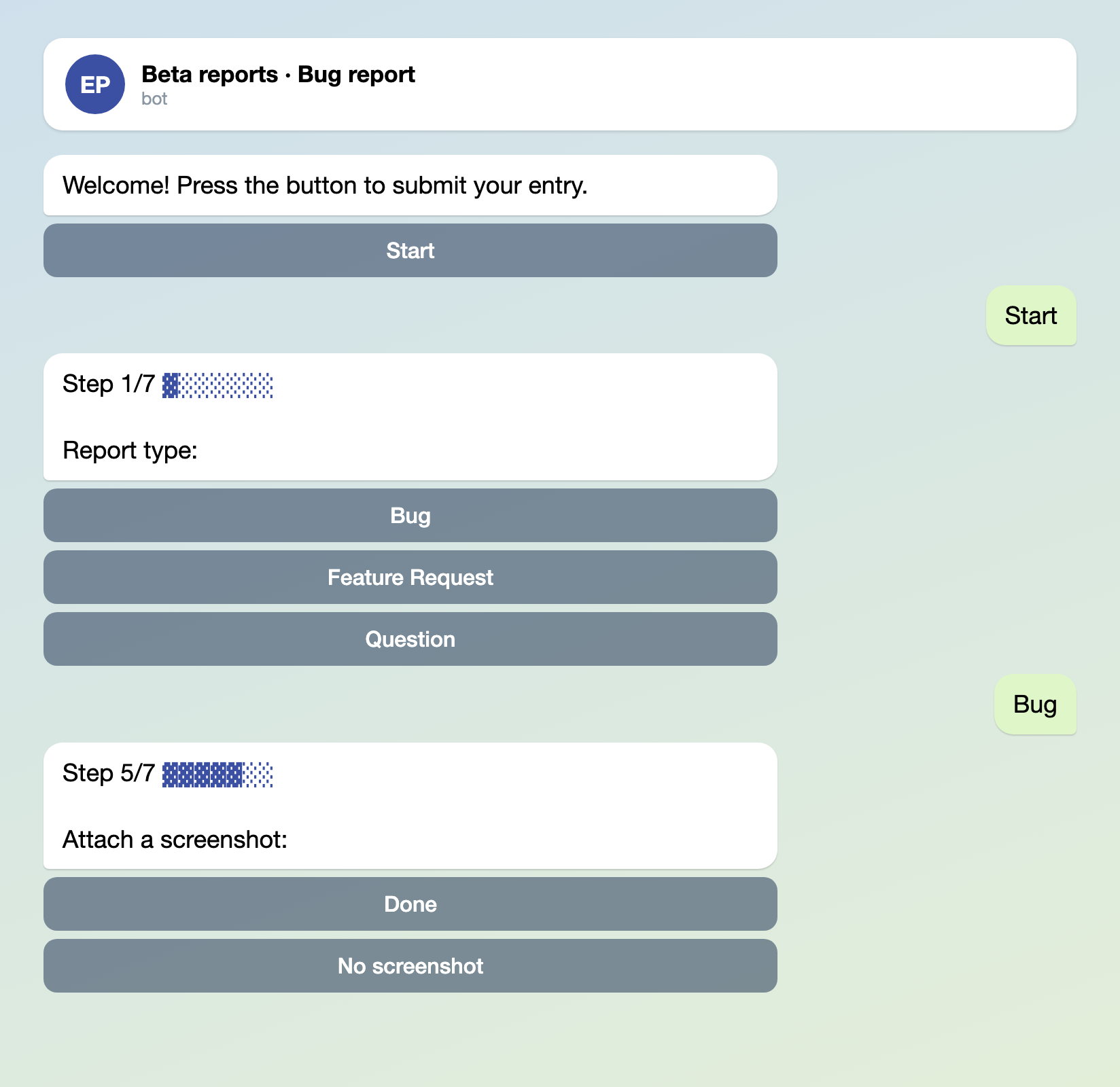 Chat with the bug report bot: a Start button, the report type as a column of three buttons, and the screenshot step with Done and No screenshot buttons