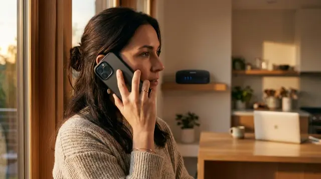 Person holding smartphone near ear with glowing router and devices in background, warm domestic setting