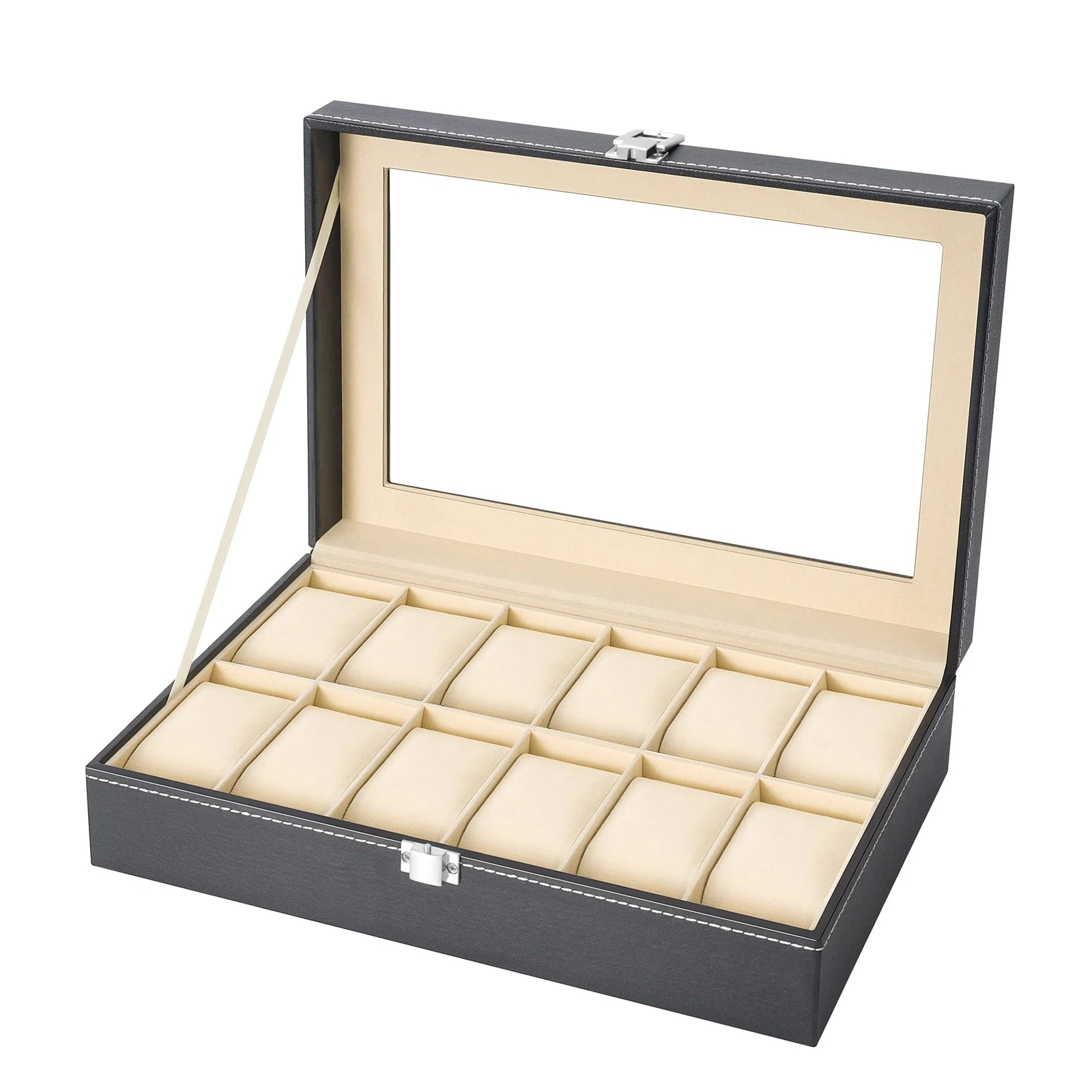 Caja De Relojes Con Tapa De Vidrio Grande Y 12 Slots Organizador De Cajas De Relojes De Cuero Para Regalar a Tus Amados