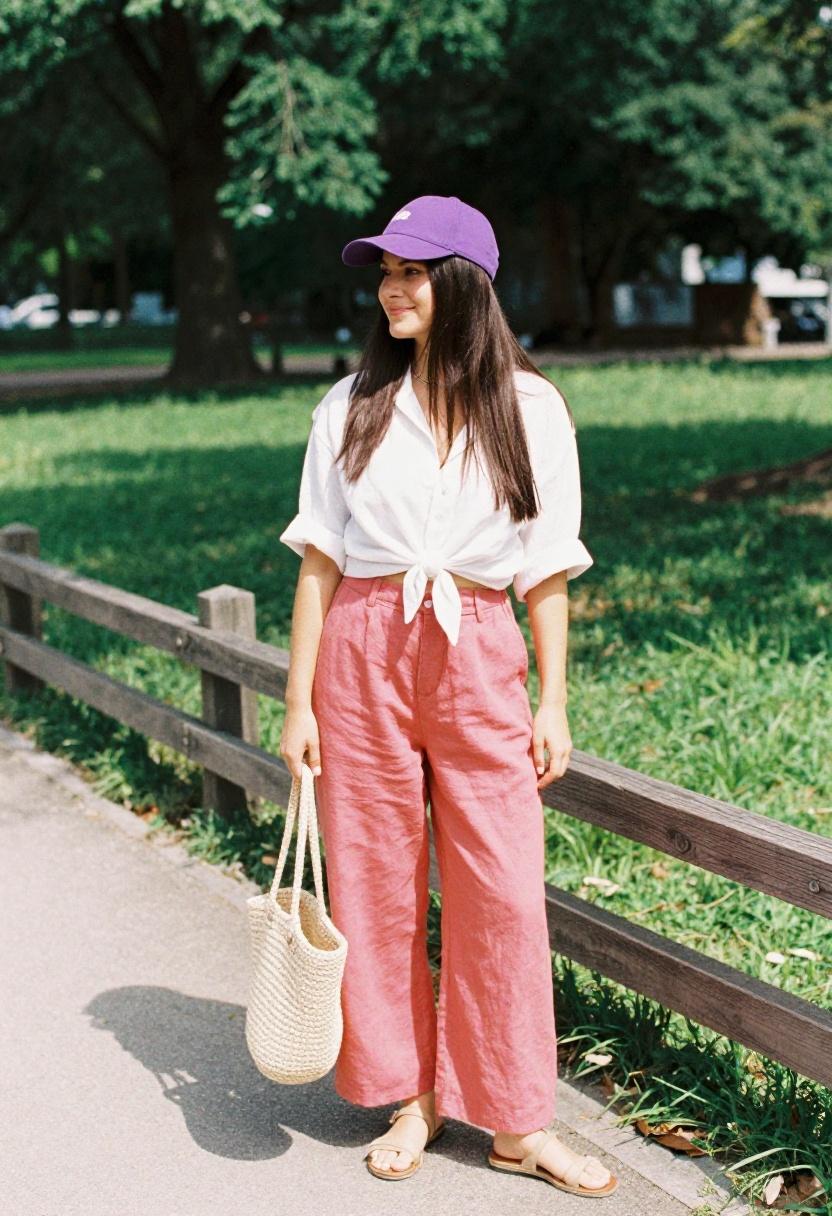 Woman in violet cap, coral linen trousers, and tied white shirt for a color-forward spring stadium look