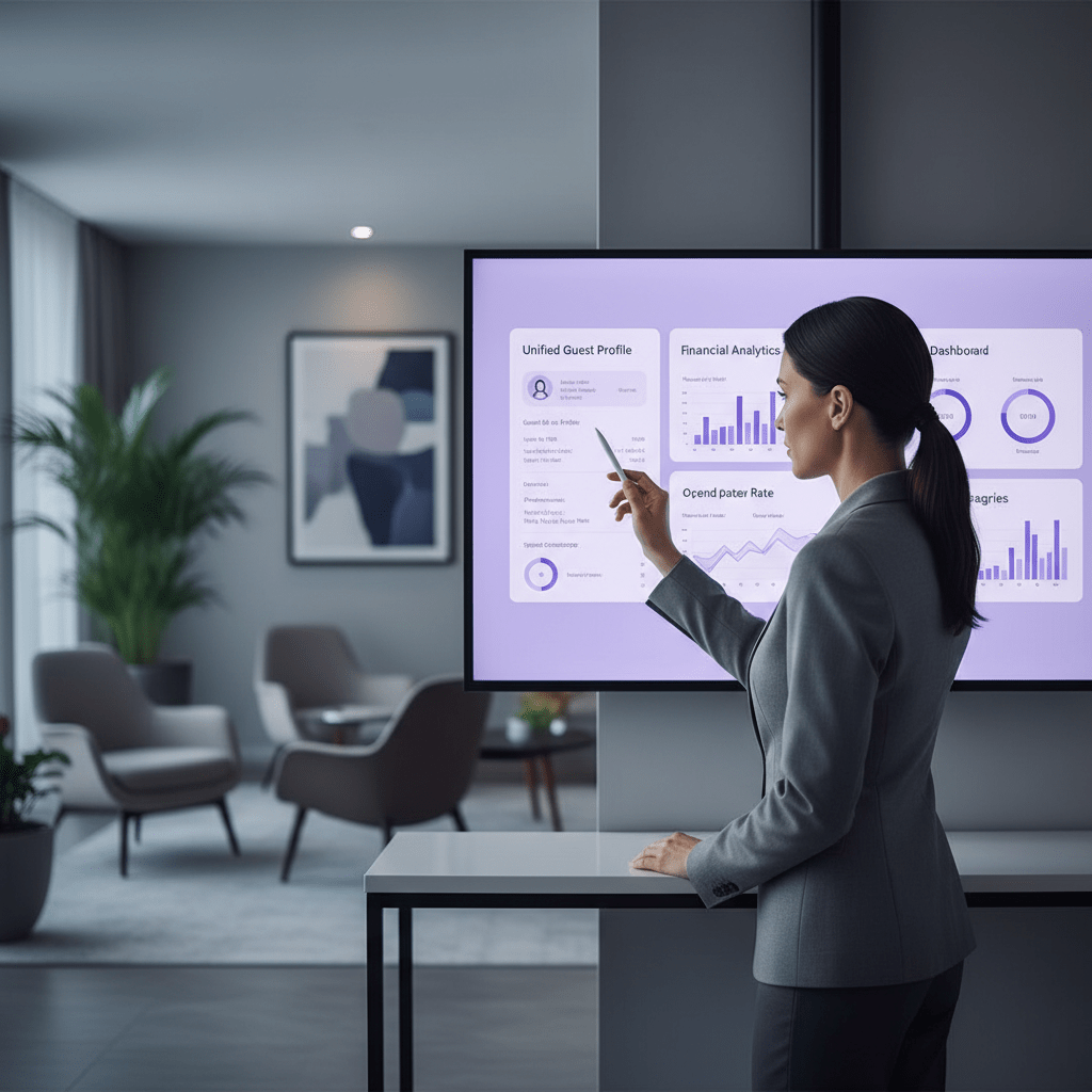 Hospitality manager reviewing guest profile and performance analytics