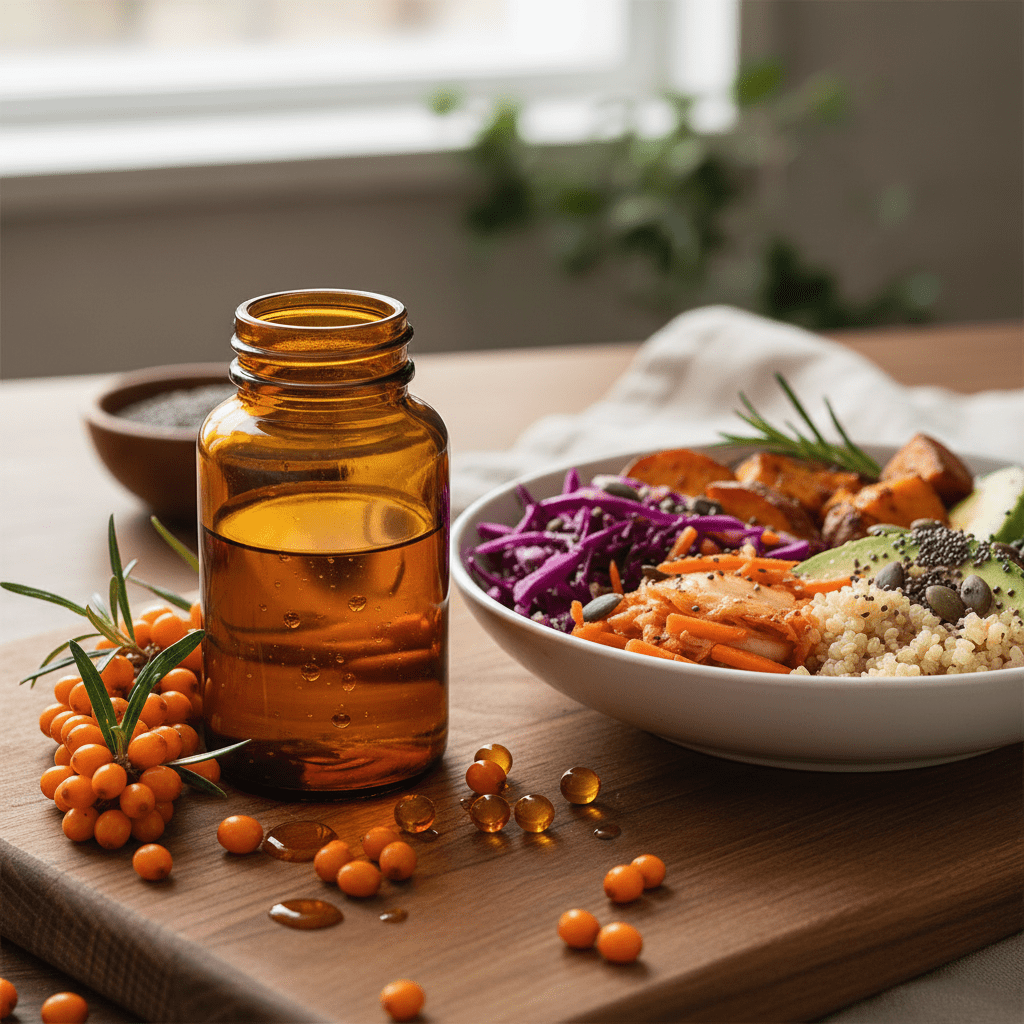Sea buckthorn oil capsule bottle with berries and a balanced gut-friendly meal, representing product selection