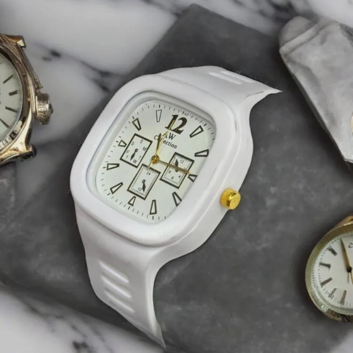 White Square Analog Watch with Gold Accents for Men