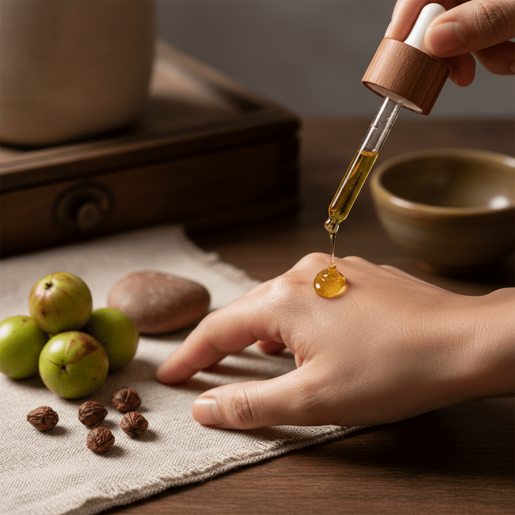 Skincare scene with a dropper dispensing amla seed oil onto glowing skin beside fresh amla fruit